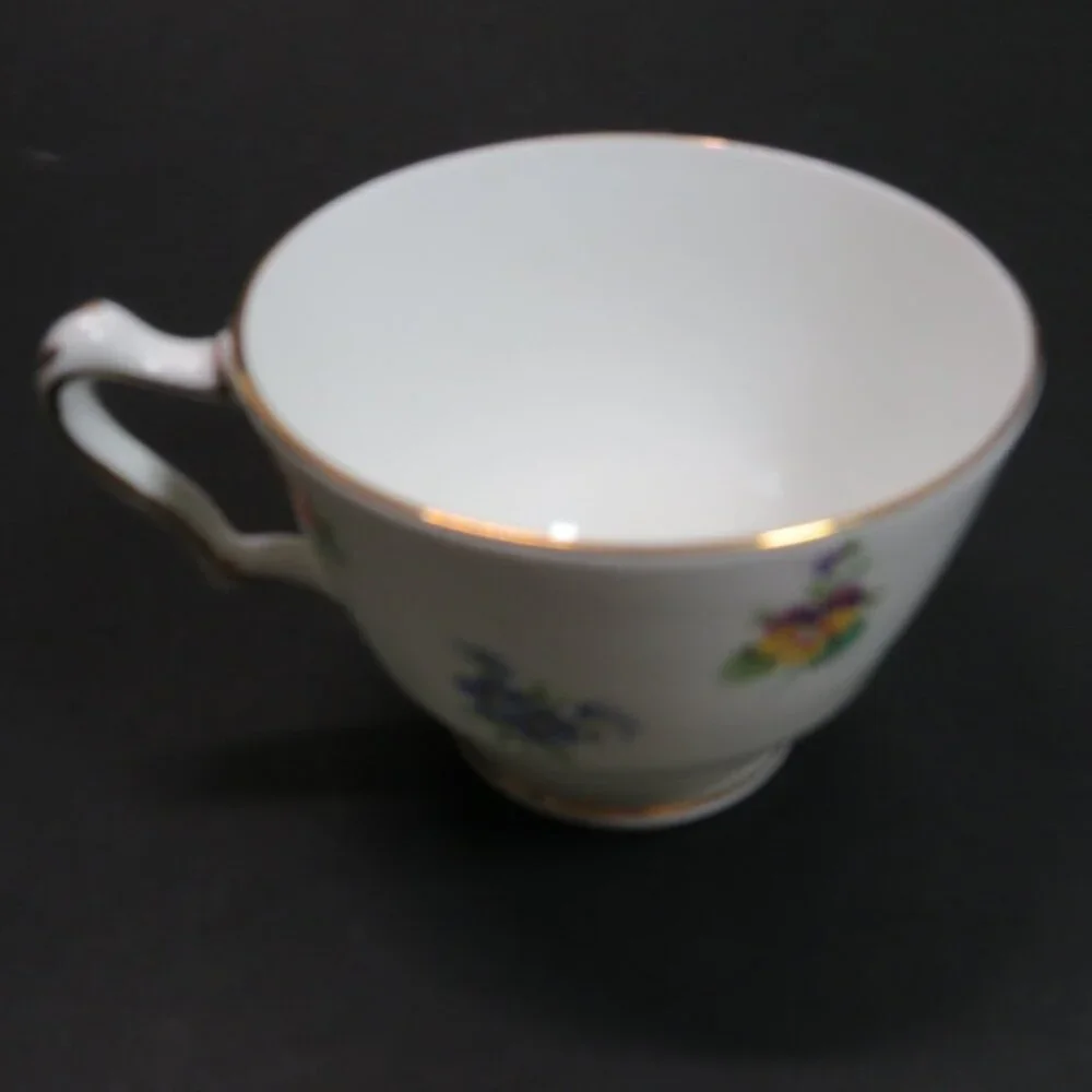 Crown Staffordshire Tea Cup & Saucer fine bone china Rose Pansy Gold Rim